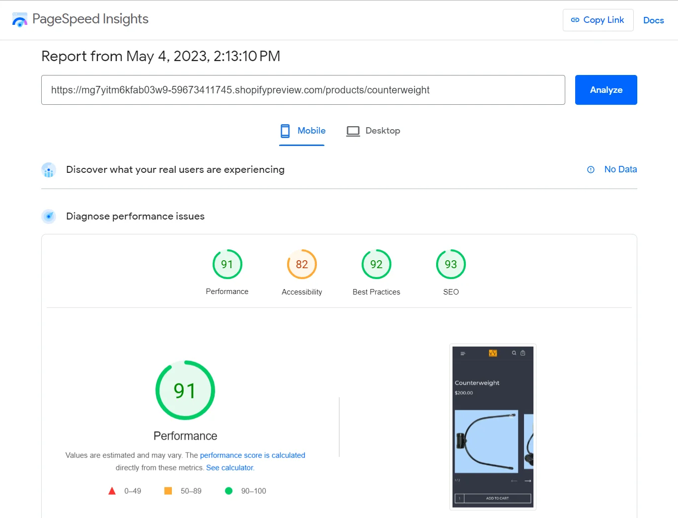 PageSpeed Insights Mobile report showing a performance score of 91.